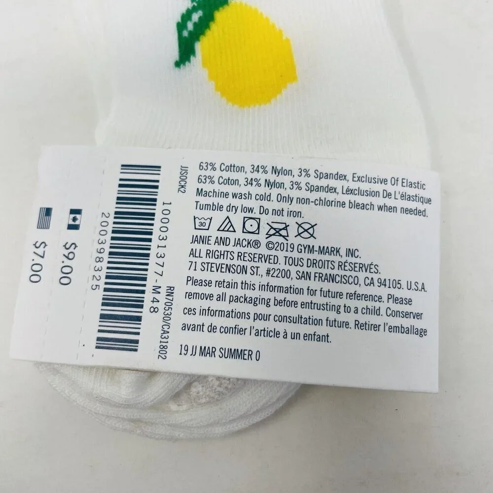 Janie and Jack Baby Girls 0-3 Months Lemon Print Scalloped Ankle Socks in White